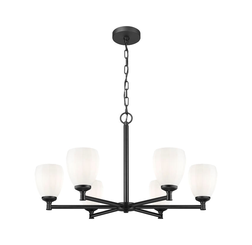 Z-Lite Oren 6-Light Medium Bulb Base Matte Black Steel Frame Matte Opal Glass Shade Chandelier