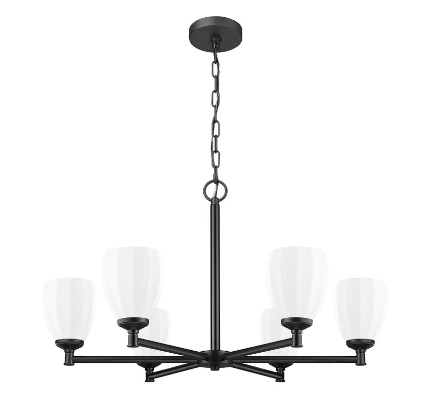 Z-Lite Oren 6-Light Medium Bulb Base Matte Black Steel Frame Matte Opal Glass Shade Chandelier