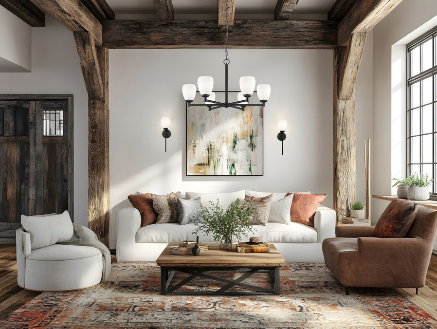 Z-Lite Oren 6-Light Medium Bulb Base Matte Black Steel Frame Matte Opal Glass Shade Chandelier