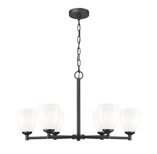 Z-Lite Oren 6-Light Medium Bulb Base Matte Black Steel Frame Matte Opal Glass Shade Chandelier