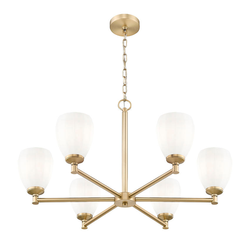 Z-Lite Oren 6-Light Medium Bulb Base Modern Gold Steel Frame Matte Opal Glass Shade Chandelier