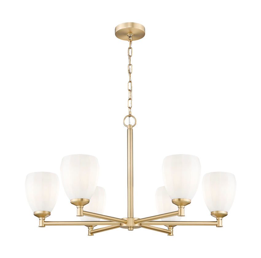 Z-Lite Oren 6-Light Medium Bulb Base Modern Gold Steel Frame Matte Opal Glass Shade Chandelier
