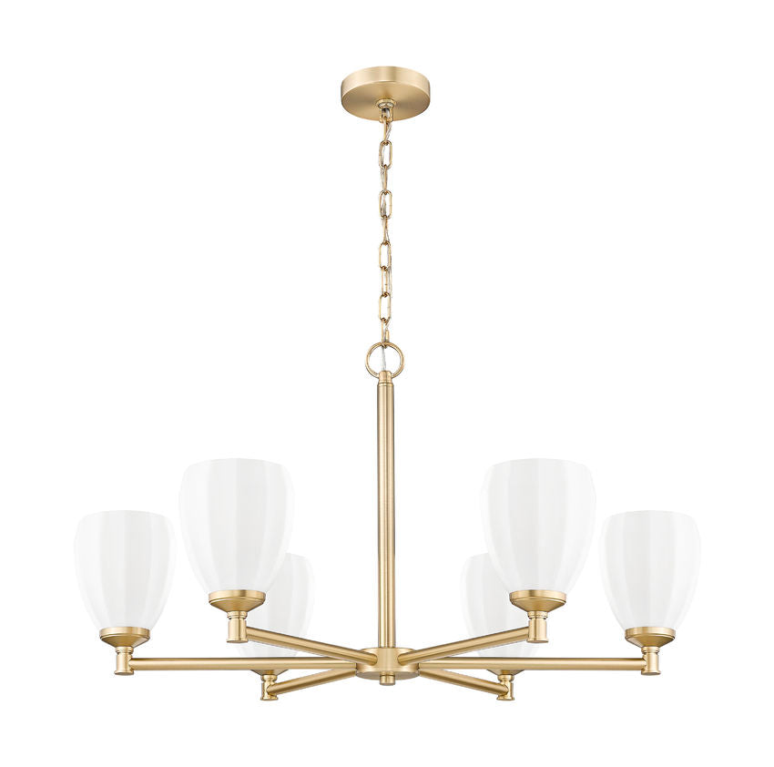 Z-Lite Oren 6-Light Medium Bulb Base Modern Gold Steel Frame Matte Opal Glass Shade Chandelier