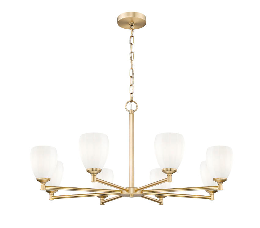 Z-Lite Oren 8-Light Medium Bulb Base Modern Gold Steel Frame Matte Opal Glass Shade Chandelier