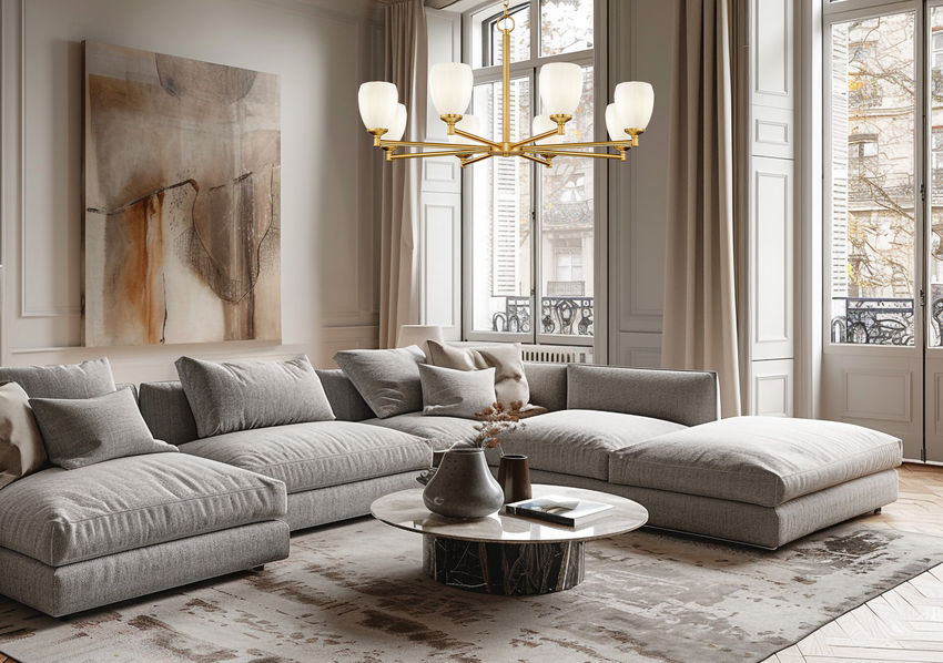 Z-Lite Oren 8-Light Medium Bulb Base Modern Gold Steel Frame Matte Opal Glass Shade Chandelier