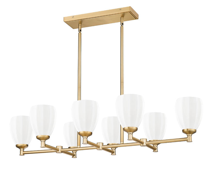 Z-Lite Oren 8-Light Medium Bulb Base Modern Gold Steel Frame Matte Opal Glass Shade Linear Chandelier