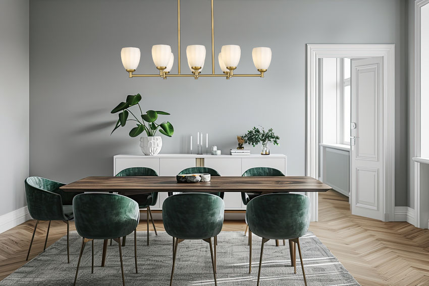 Z-Lite Oren 8-Light Medium Bulb Base Modern Gold Steel Frame Matte Opal Glass Shade Linear Chandelier
