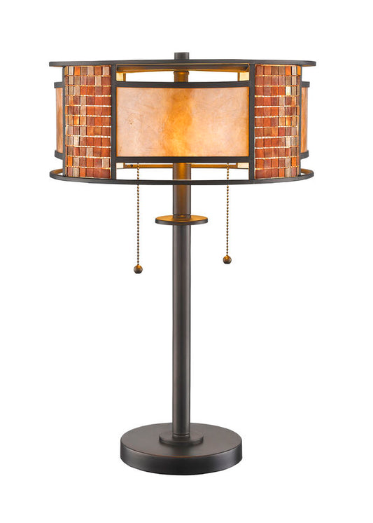 Z-Lite Parkwood 14" 2-Light Bronze Table Lamp With White Mica and Tile Glass Shade