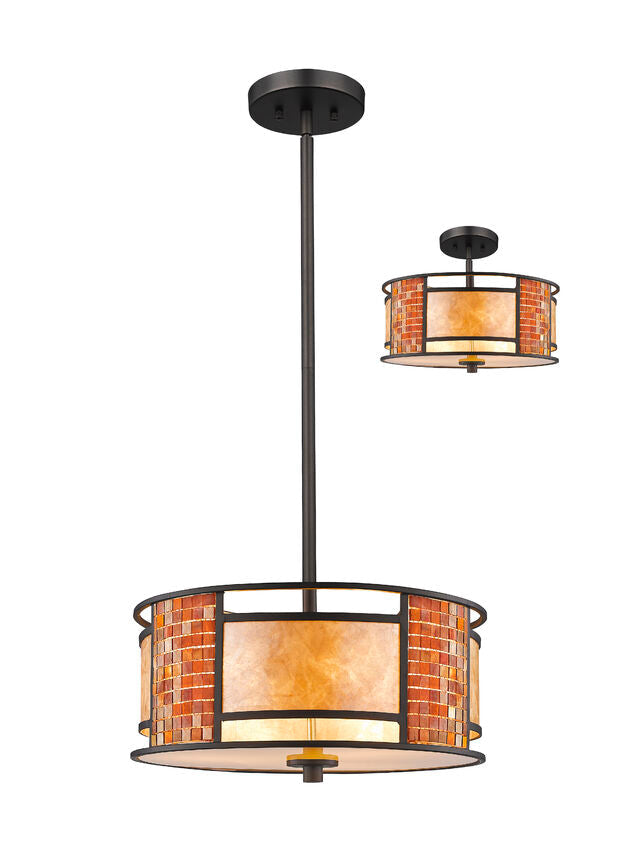 Z-Lite Parkwood 14" 3-Light Bronze Steel Pendant Light With White Mica and Tile Glass Shade
