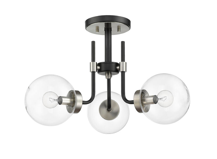 Z-Lite Parsons 22" 3-Light Matte Black and Brushed Nickel Semi Flush Mount With Clear Glass Shade