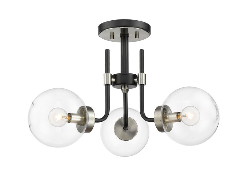 Z-Lite Parsons 22" 3-Light Matte Black and Brushed Nickel Semi Flush Mount With Clear Glass Shade