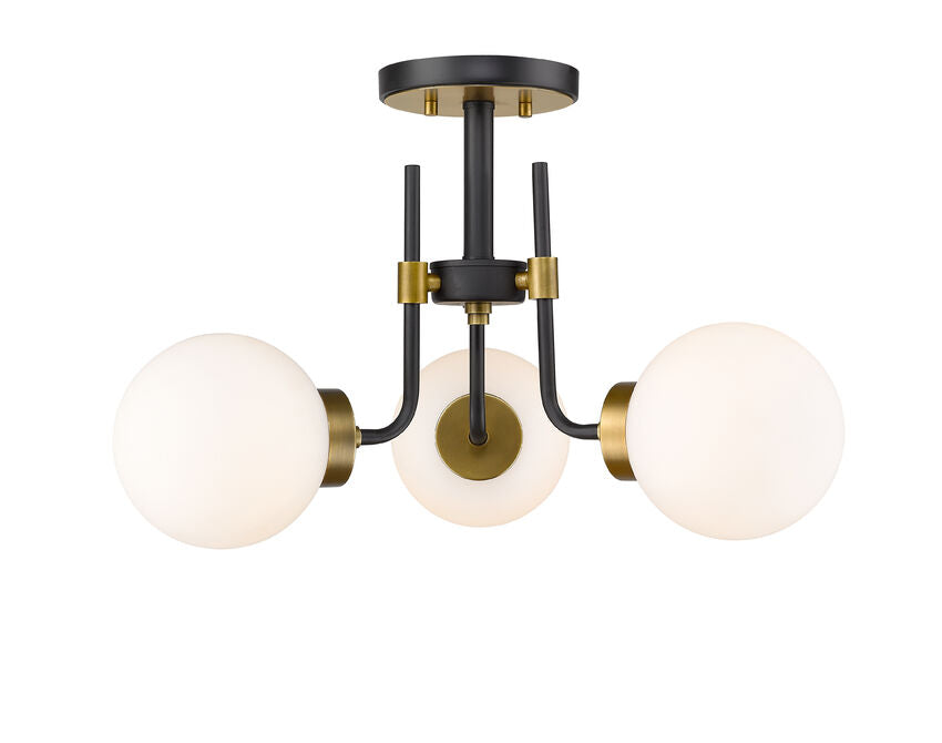 Z-Lite Parsons 22" 3-Light Matte Black and Olde Brass Semi Flush Mount With Opal Glass Shade