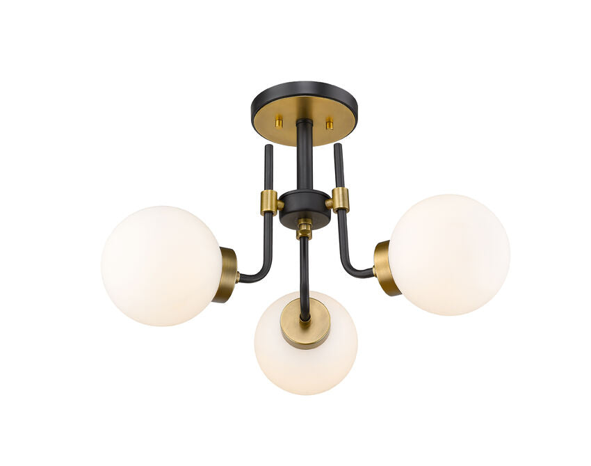 Z-Lite Parsons 22" 3-Light Matte Black and Olde Brass Semi Flush Mount With Opal Glass Shade