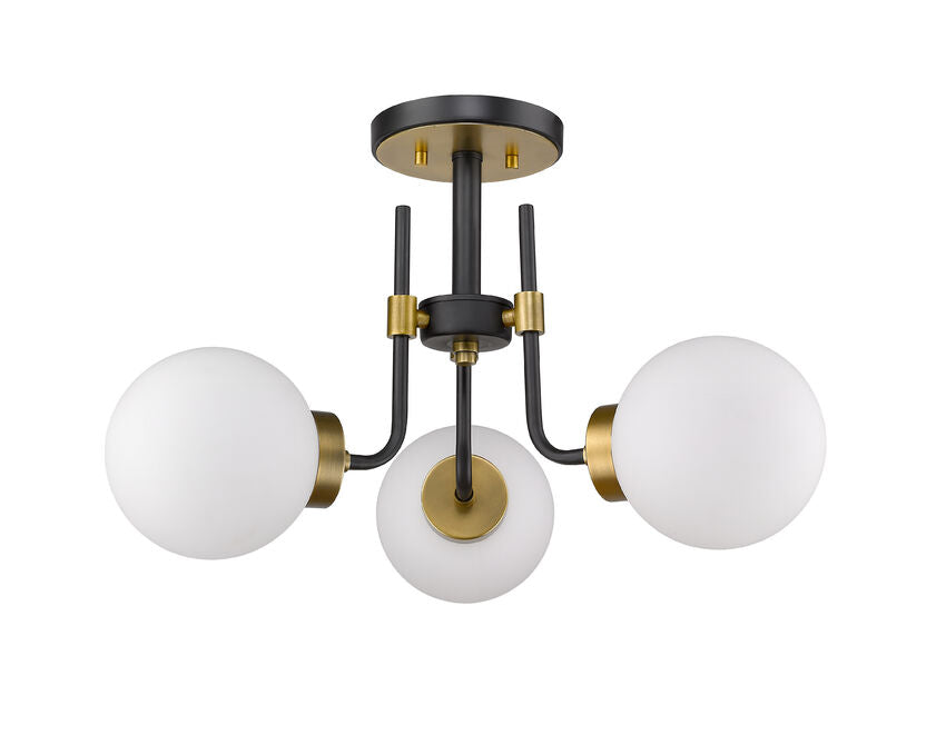 Z-Lite Parsons 22" 3-Light Matte Black and Olde Brass Semi Flush Mount With Opal Glass Shade