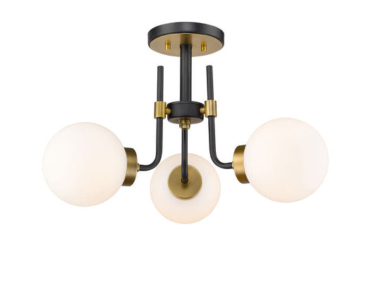 Z-Lite Parsons 22" 3-Light Matte Black and Olde Brass Semi Flush Mount With Opal Glass Shade