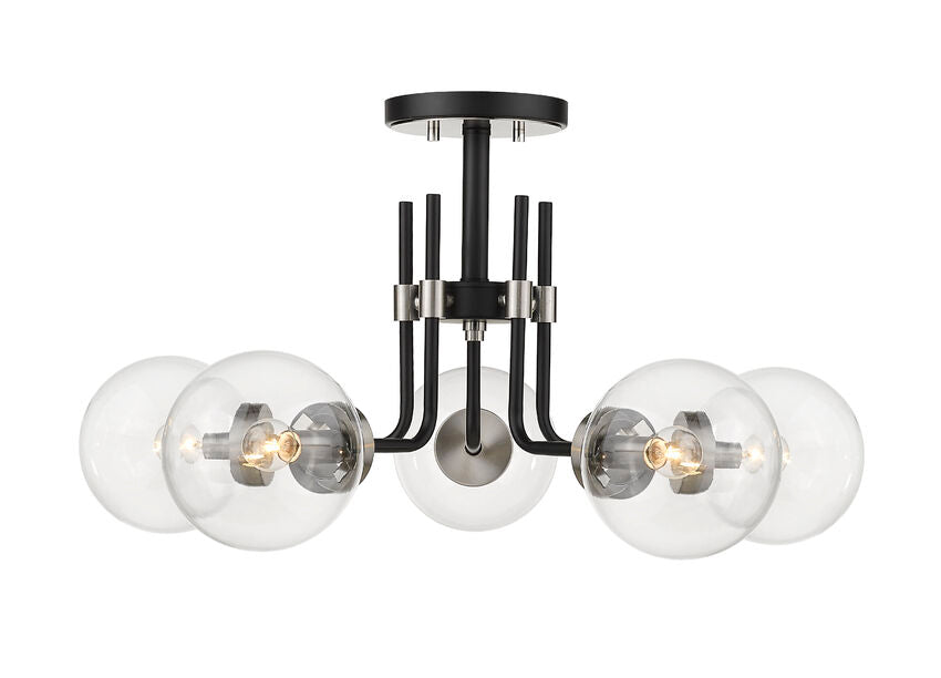 Z-Lite Parsons 27" 5-Light Matte Black and Brushed Nickel Semi Flush Mount With Clear Glass Shade