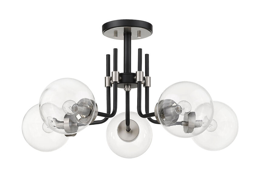 Z-Lite Parsons 27" 5-Light Matte Black and Brushed Nickel Semi Flush Mount With Clear Glass Shade