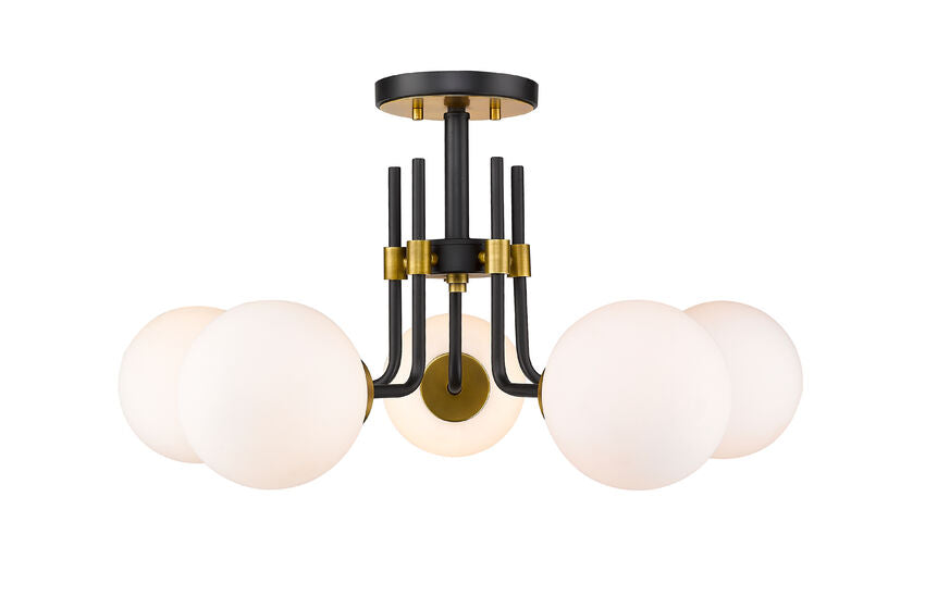 Z-Lite Parsons 27" 5-Light Matte Black and Olde Brass Semi Flush Mount With Opal Glass Shade