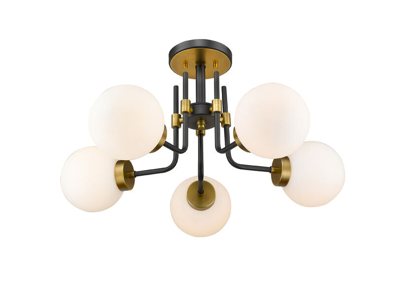 Z-Lite Parsons 27" 5-Light Matte Black and Olde Brass Semi Flush Mount With Opal Glass Shade