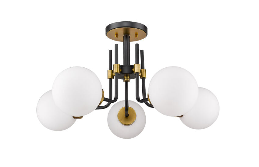 Z-Lite Parsons 27" 5-Light Matte Black and Olde Brass Semi Flush Mount With Opal Glass Shade