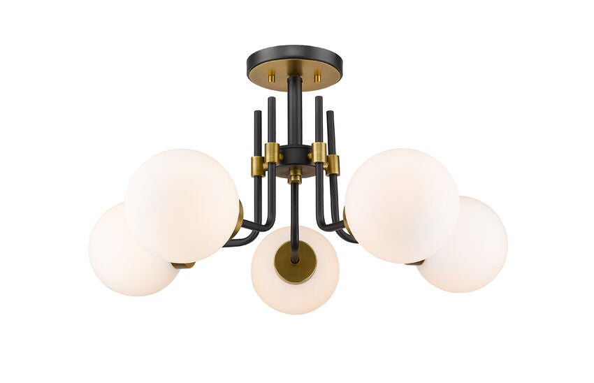 Z-Lite Parsons 27" 5-Light Matte Black and Olde Brass Semi Flush Mount With Opal Glass Shade