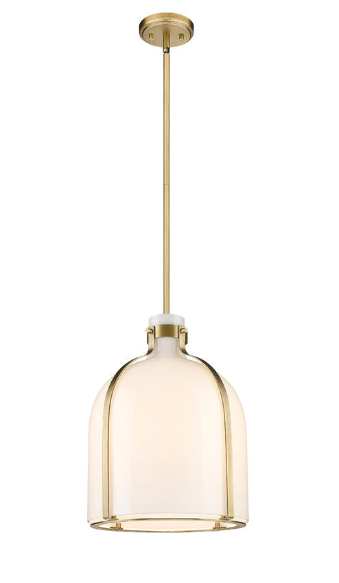 Z-Lite Pearson 12" 1-Light Rubbed Brass Pendant Light With White Opal Glass Shade