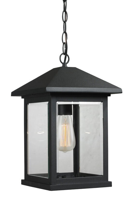 Z-Lite Portland 10" 1-Light Black Aluminum Outdoor Chain Mount Ceiling Fixture With Clear Beveled Glass Shade