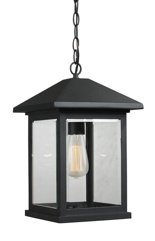 Z-Lite Portland 10" 1-Light Black Aluminum Outdoor Chain Mount Ceiling Fixture With Clear Beveled Glass Shade