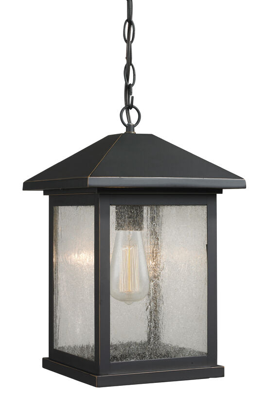 Z-Lite Portland 10" 1-Light Oil Rubbed Bronze Aluminum Outdoor Chain Mount Ceiling Fixture With Clear Seedy Glass Shade