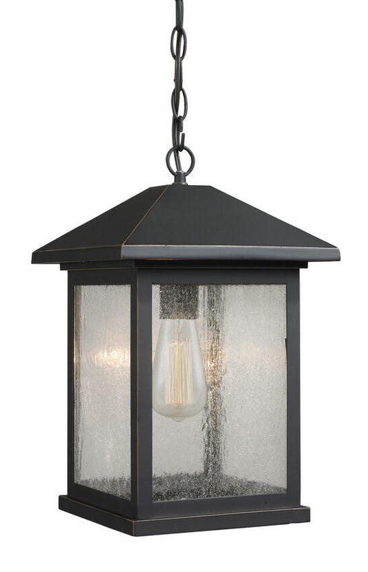 Z-Lite Portland 10" 1-Light Oil Rubbed Bronze Aluminum Outdoor Chain Mount Ceiling Fixture With Clear Seedy Glass Shade