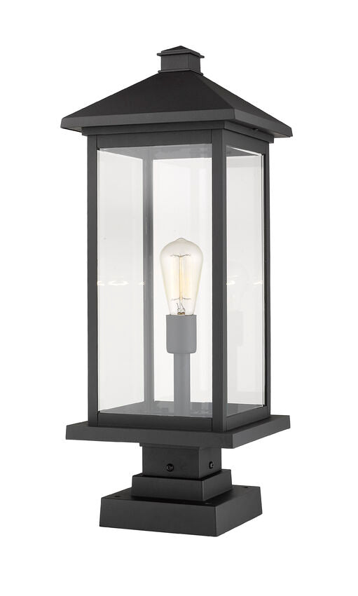Z-Lite Portland 10" W x 25" H 1-Light Black Outdoor Pier Mounted Fixture and Square Pier Mount Hardware With Clear Beveled Glass Shade