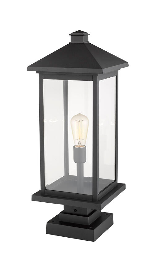 Z-Lite Portland 10" W x 25" H 1-Light Black Outdoor Pier Mounted Fixture and Square Pier Mount Hardware With Clear Beveled Glass Shade