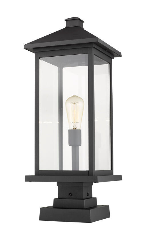 Z-Lite Portland 10" W x 25" H 1-Light Black Outdoor Pier Mounted Fixture and Square Pier Mount Hardware With Clear Beveled Glass Shade