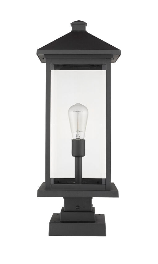 Z-Lite Portland 10" W x 25" H 1-Light Black Outdoor Pier Mounted Fixture and Square Pier Mount Hardware With Clear Beveled Glass Shade