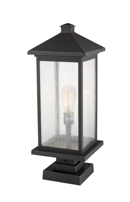 Z-Lite Portland 10" W x 25" H 1-Light Oil Rubbed Bronze Outdoor Pier Mounted Fixture and Square Pier Mount Hardware With Clear Beveled Glass Shade