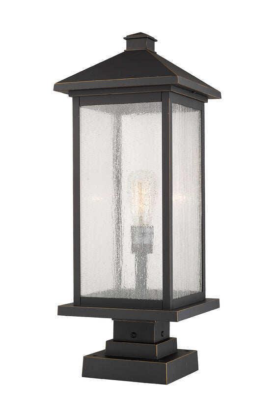 Z-Lite Portland 10" W x 25" H 1-Light Oil Rubbed Bronze Outdoor Pier Mounted Fixture and Square Pier Mount Hardware With Clear Beveled Glass Shade