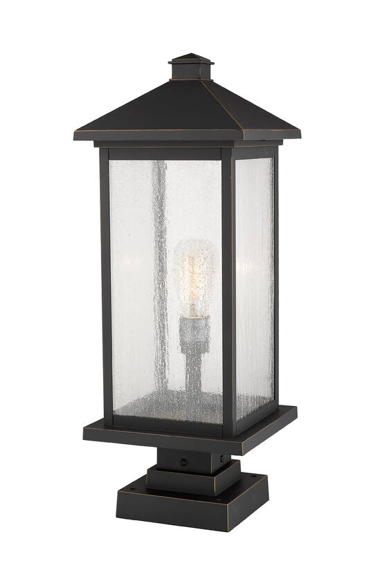 Z-Lite Portland 10" W x 25" H 1-Light Oil Rubbed Bronze Outdoor Pier Mounted Fixture and Square Pier Mount Hardware With Clear Beveled Glass Shade