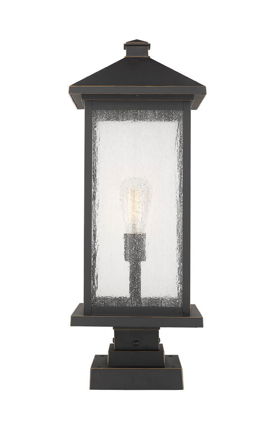 Z-Lite Portland 10" W x 25" H 1-Light Oil Rubbed Bronze Outdoor Pier Mounted Fixture and Square Pier Mount Hardware With Clear Beveled Glass Shade