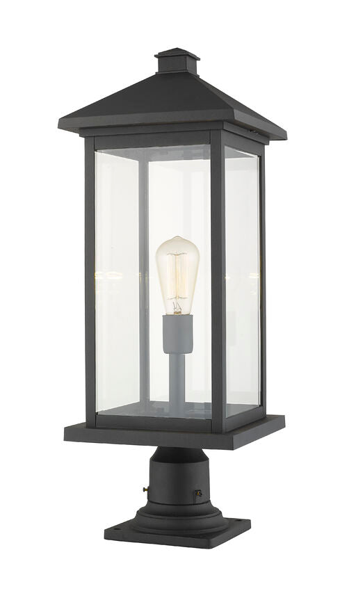 Z-Lite Portland 10" W x 26" H 1-Light Black Outdoor Pier Mounted Fixture With Clear Beveled Glass Shade and Square Pier Mount Hardware