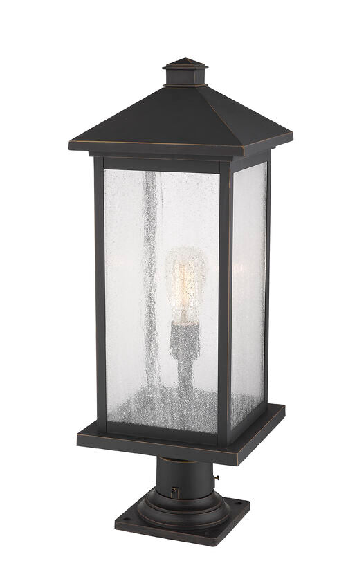 Z-Lite Portland 10" W x 26" H 1-Light Oil Rubbed Bronze Outdoor Pier Mounted Fixture and Square Pier Mount Hardware With Clear Seedy Glass Shade
