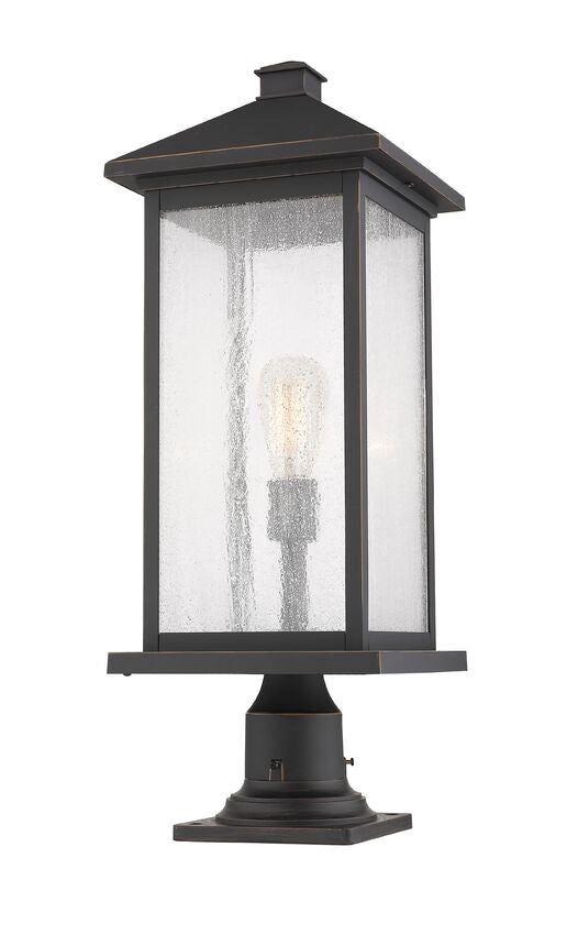 Z-Lite Portland 10" W x 26" H 1-Light Oil Rubbed Bronze Outdoor Pier Mounted Fixture and Square Pier Mount Hardware With Clear Seedy Glass Shade