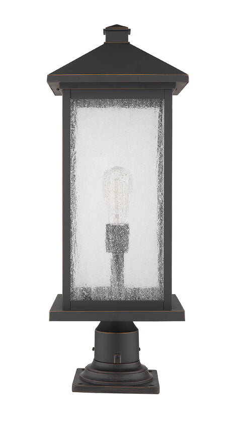 Z-Lite Portland 10" W x 26" H 1-Light Oil Rubbed Bronze Outdoor Pier Mounted Fixture and Square Pier Mount Hardware With Clear Seedy Glass Shade