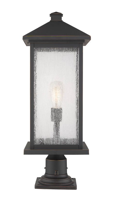 Z-Lite Portland 10" W x 26" H 1-Light Oil Rubbed Bronze Outdoor Pier Mounted Fixture and Square Pier Mount Hardware With Clear Seedy Glass Shade