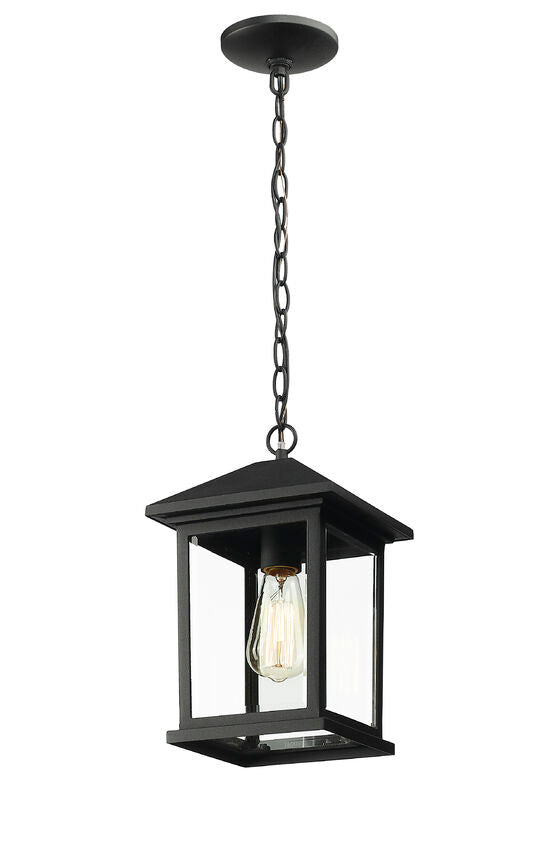 Z-Lite Portland 8" 1-Light Black Aluminum Outdoor Chain Mount Ceiling Fixture With Clear Beveled Glass Shade