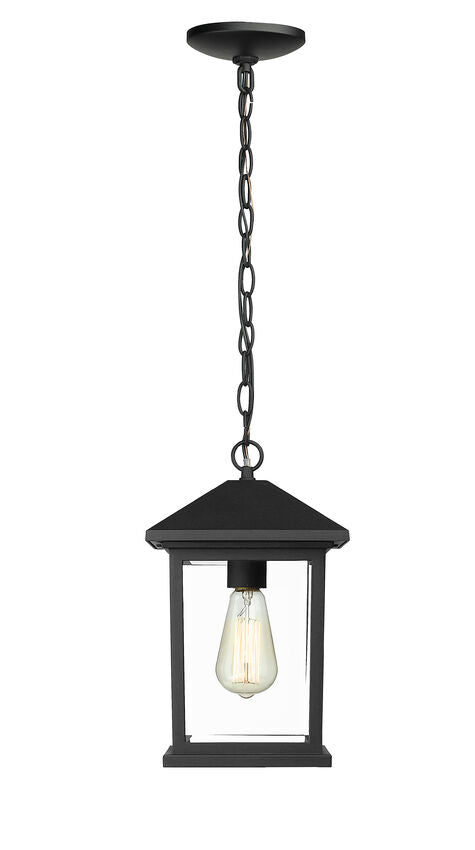 Z-Lite Portland 8" 1-Light Black Aluminum Outdoor Chain Mount Ceiling Fixture With Clear Beveled Glass Shade
