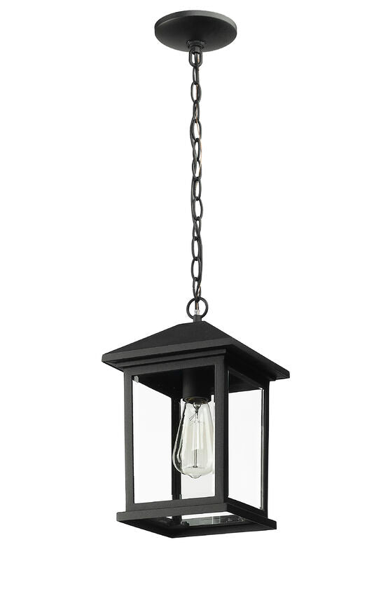 Z-Lite Portland 8" 1-Light Black Aluminum Outdoor Chain Mount Ceiling Fixture With Clear Beveled Glass Shade