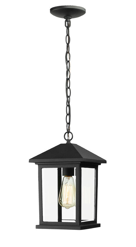 Z-Lite Portland 8" 1-Light Black Aluminum Outdoor Chain Mount Ceiling Fixture With Clear Beveled Glass Shade