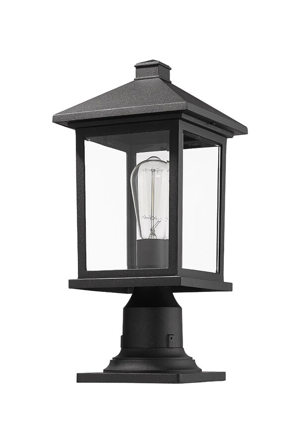 Z-Lite Portland 8" W x 18" H 1-Light Black Outdoor Pier Mounted Fixture and Square Pier Mount Hardware With Clear Beveled Glass Shade