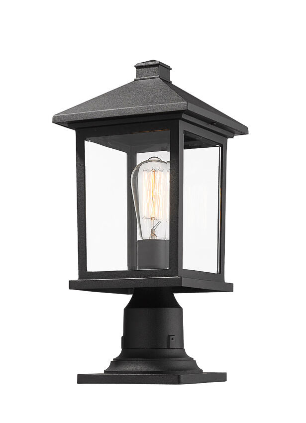 Z-Lite Portland 8" W x 18" H 1-Light Black Outdoor Pier Mounted Fixture and Square Pier Mount Hardware With Clear Beveled Glass Shade