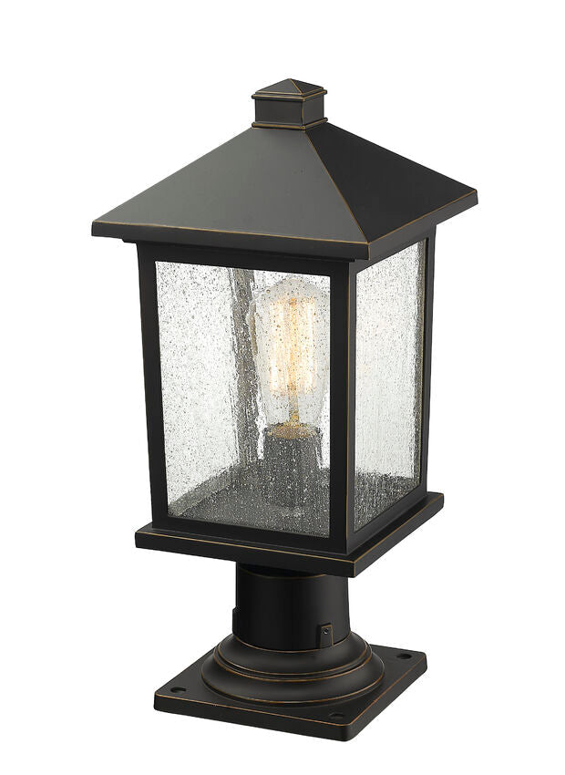 Z-Lite Portland 8" W x 18" H 1-Light Oil Rubbed Bronze Outdoor Pier Mounted Fixture and Square Pier Mount Hardware With Clear Seedy Glass Shade